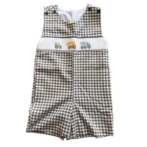 Smocked Construction Jon Jon Checkered Kids One Piece